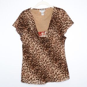 Amanda Lane VTG Womens Blouse 16 Brown Cheetah‎ Floral Cowl 90s Friends
